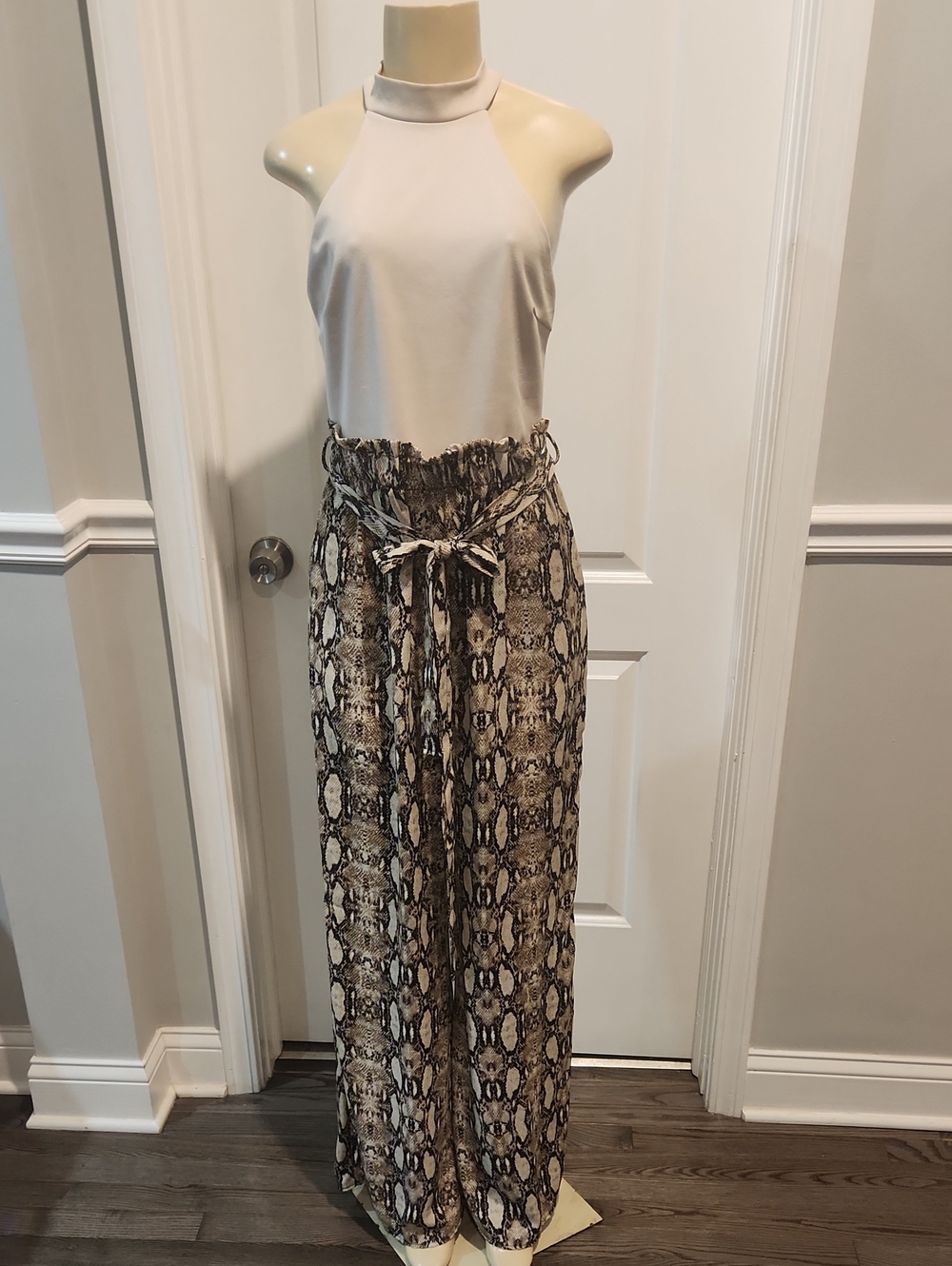 AKIRA Beige and Brown Snake-Print Maxi  Jumpsuit with Tie Waist